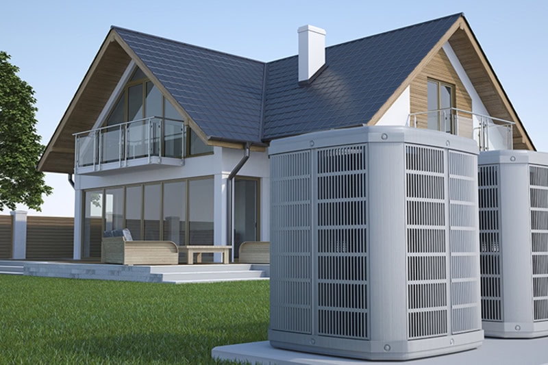 Digital illustration of two air conditioners on concrete pad, outside a Charlotte, North Carolina, home.